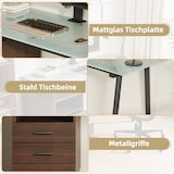 thumbnail of Merax Schreibtisch 130×50×75 cm, Bürotisch mit gehärteter Glasplatte, 3 Schubladen & offenem Ablagefach, Metallgestell, modern, Braun