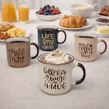 thumbnail of 4er Set XL Kaffeebecher 700ml Jumbobecher Steingut Sprüche Rosa Braun Grau