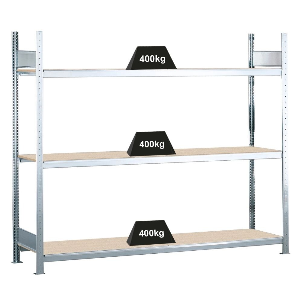 PROREGAL Weitspannregal mit Spanplatten WS 2000 | Grundregal | HxBxT 200x150x50cm | 3 Ebenen | Fachlast 400kg | Verzinkt