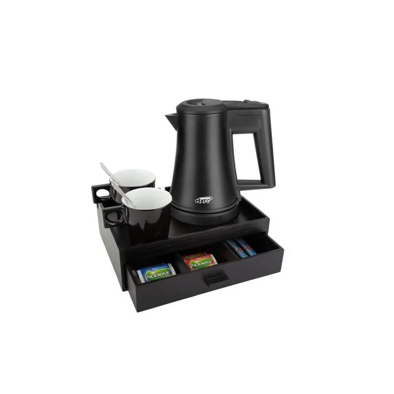 Willkommenstablett SMART Dunkelbraun mit Wasserkocher STAR 0,5 L Schwarz und 2 schwarze Porzellantassen