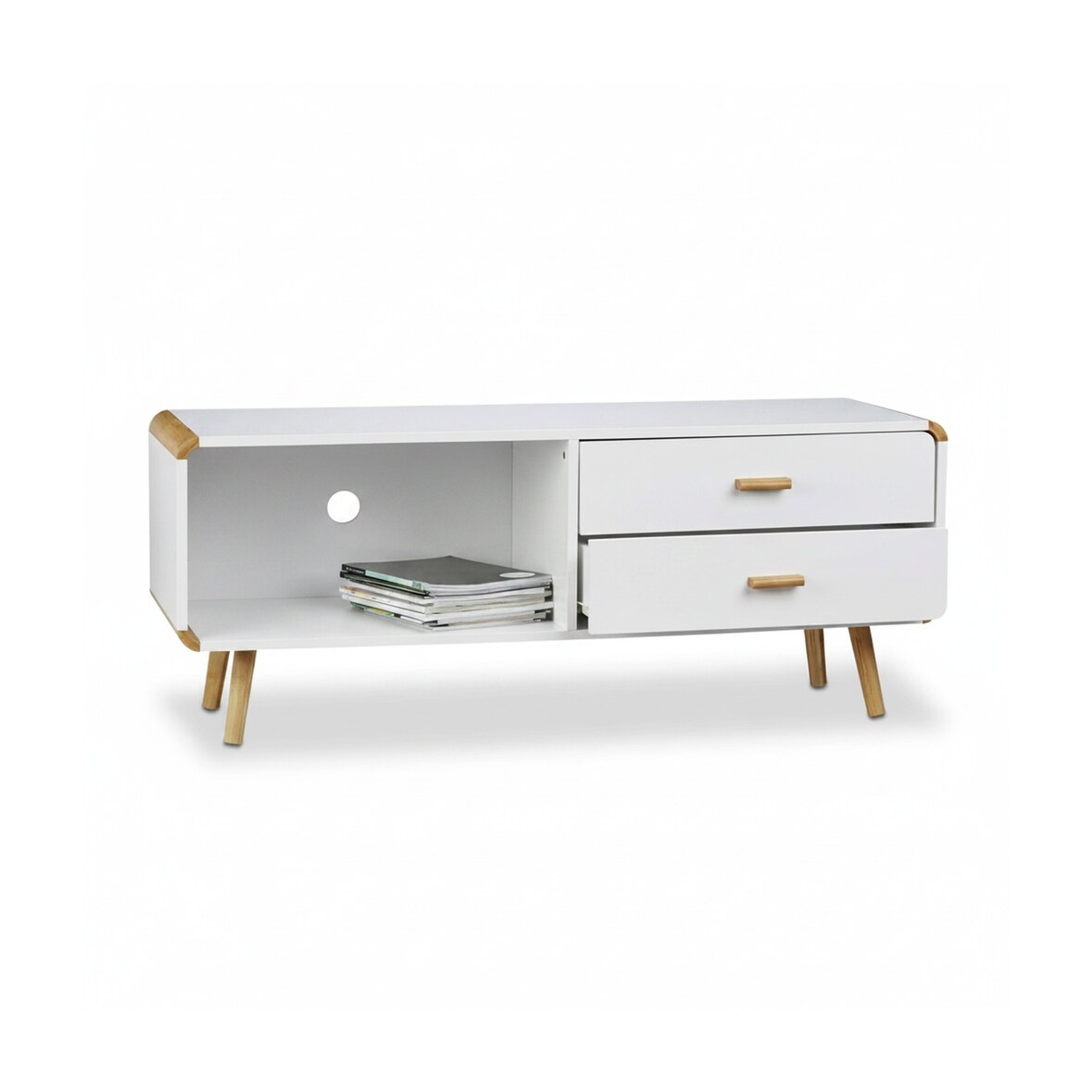 Relaxdays Sideboard abgerundet mit 2 Schubladen, langes Lowboard mit Beine, flache TV-Bank HxBxT 48 x 120 x 40 cm, weiß