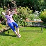 thumbnail of Relaxdays Gartenstuhl mit Armlehne, belastbar, niedrig, Vintage-Design, Holz & Gusseisen, 73x62x 52,5 cm, natur-schwarz