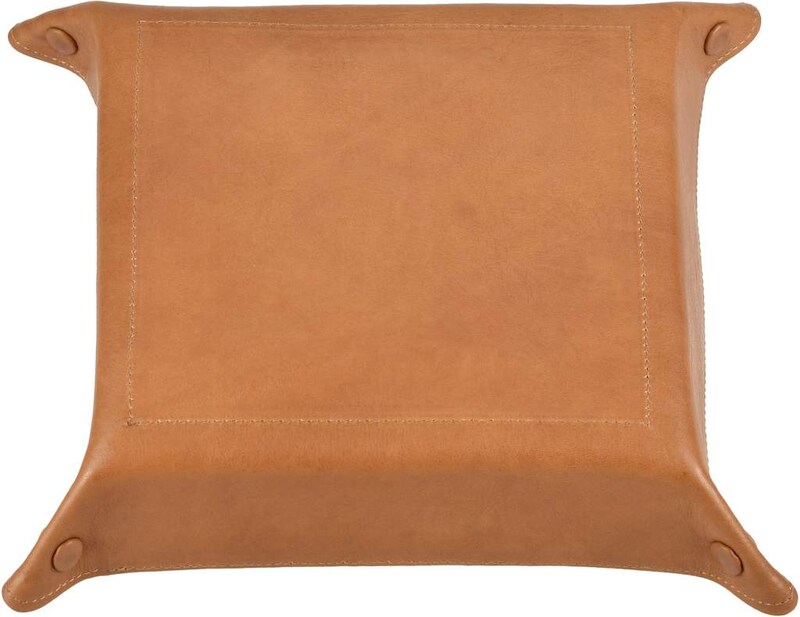 Ein rechteckiges Leder-Tablett mit vier Ecken.