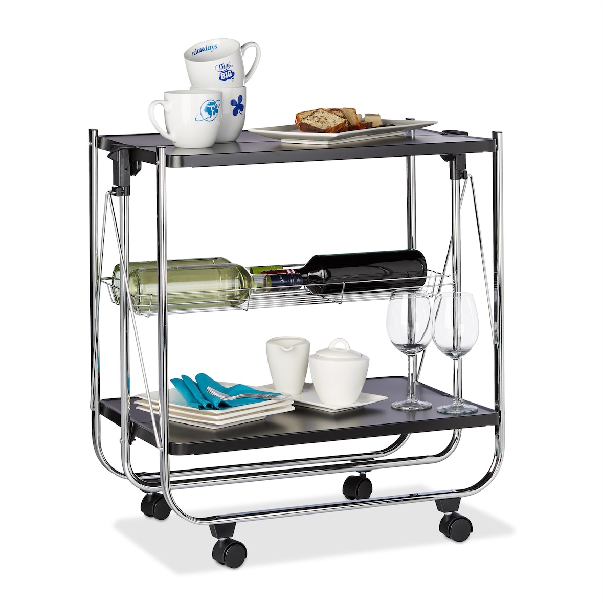 Relaxdays Servierwagen klappbar, 4 Rollen, Metall, 2 Böden, Gitterkorb, HxBxT 68,5 x 68 x 40,5 cm, Küchenwagen, Schwarz