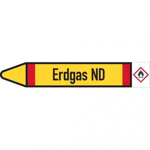 Dreifke® Rohrleitungskennzeichen-Etikett Erdgas ND, links, DIN, gelb/schwarz/rot, für Ø 60-90mm, 310x52mm, 3/Bogen