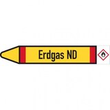 thumbnail of Dreifke® Rohrleitungskennzeichen-Etikett Erdgas ND, links, DIN, gelb/schwarz/rot, für Ø 60-90mm, 310x52mm, 3/Bogen