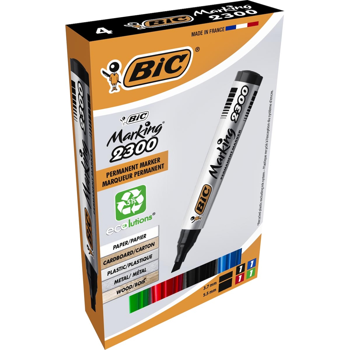 BIC Marking 2300 ECOlutions Marqueurs Permanents à Pointe Moyenne Biseautée - Couleurs Assorties x4