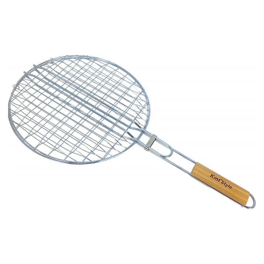 Grelha redonda para churrasco, cabo duplo de madeira, cesto para hambúrguer de peixe (57x30x3cm)