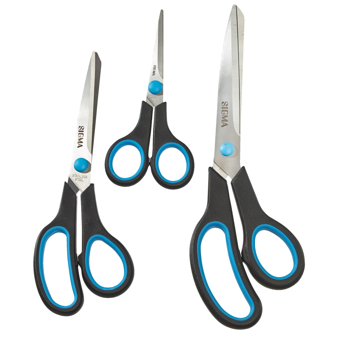 SIGMA Büroscheren-Set, 24.8 cm/20 cm/13.9 cm, Edelstahl/Polypropylen, blau/schwarz, 3-teilig