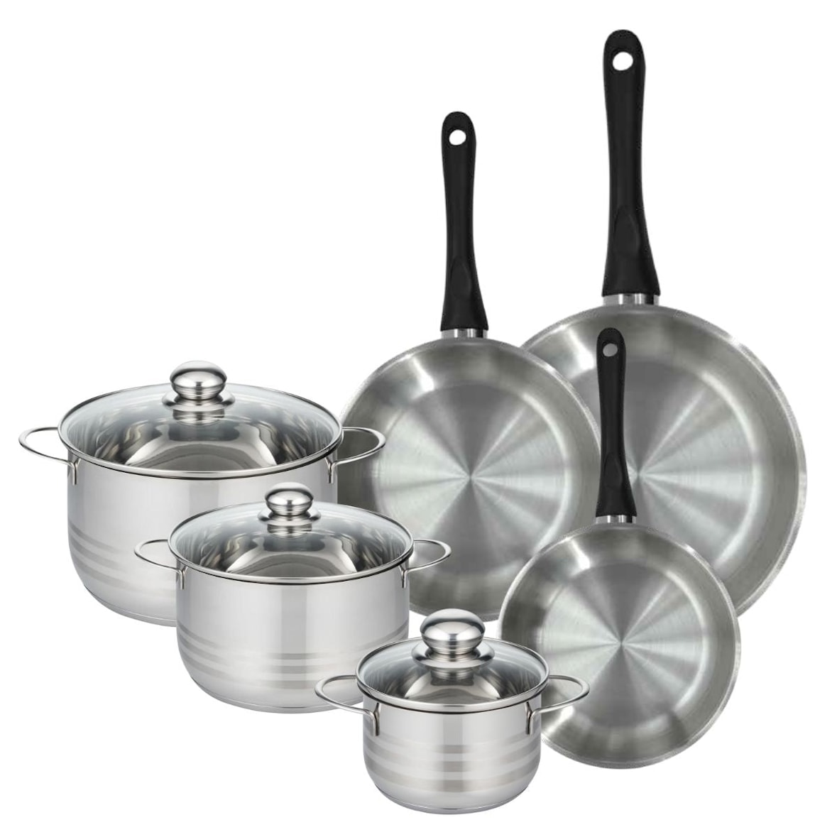 Juego de 3 sartenes de acero inoxidable (20, 24 y 28 cm) y 3 cacerolas de acero inoxidable (16, 20 y 24 cm) Fackelmann Ginebra