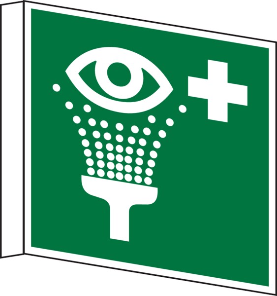 Rettungszeichen, Fahnen-/Nasenschild Augenspüleinrichtung E011 - ASR A1.3 (DIN EN ISO 7010) - 200x200x1 mm Kunststoff nachleuchtend