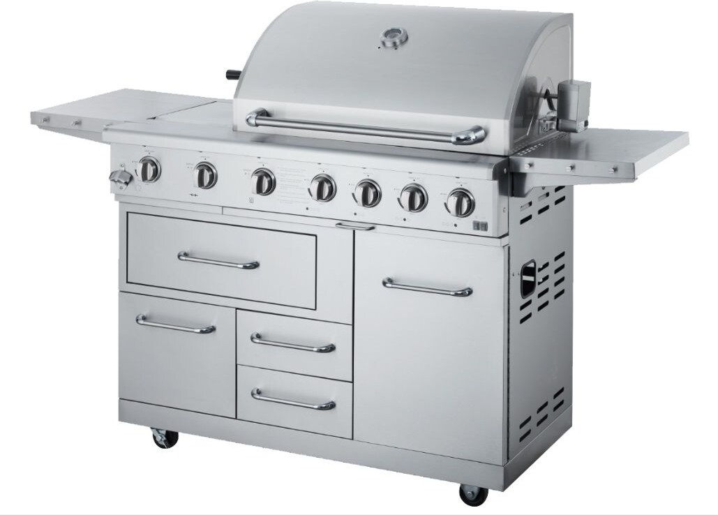 METRO Professional Barbecue a gas 4 bruciatori, ripiani laterali, con ruote, 182 x 66 x 125 cm, acciaio inox, argento