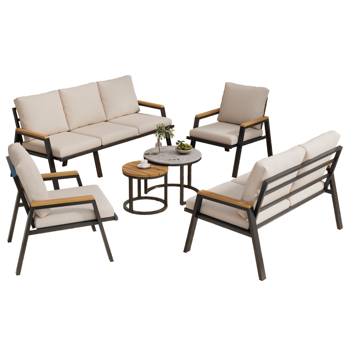 Merax Gartenlounge-Set für 7 Personen, 3er-Sofa, 2er-Sofa, 2 Sesseln & 2 Tischen, Verzinktes Eisen, Beige