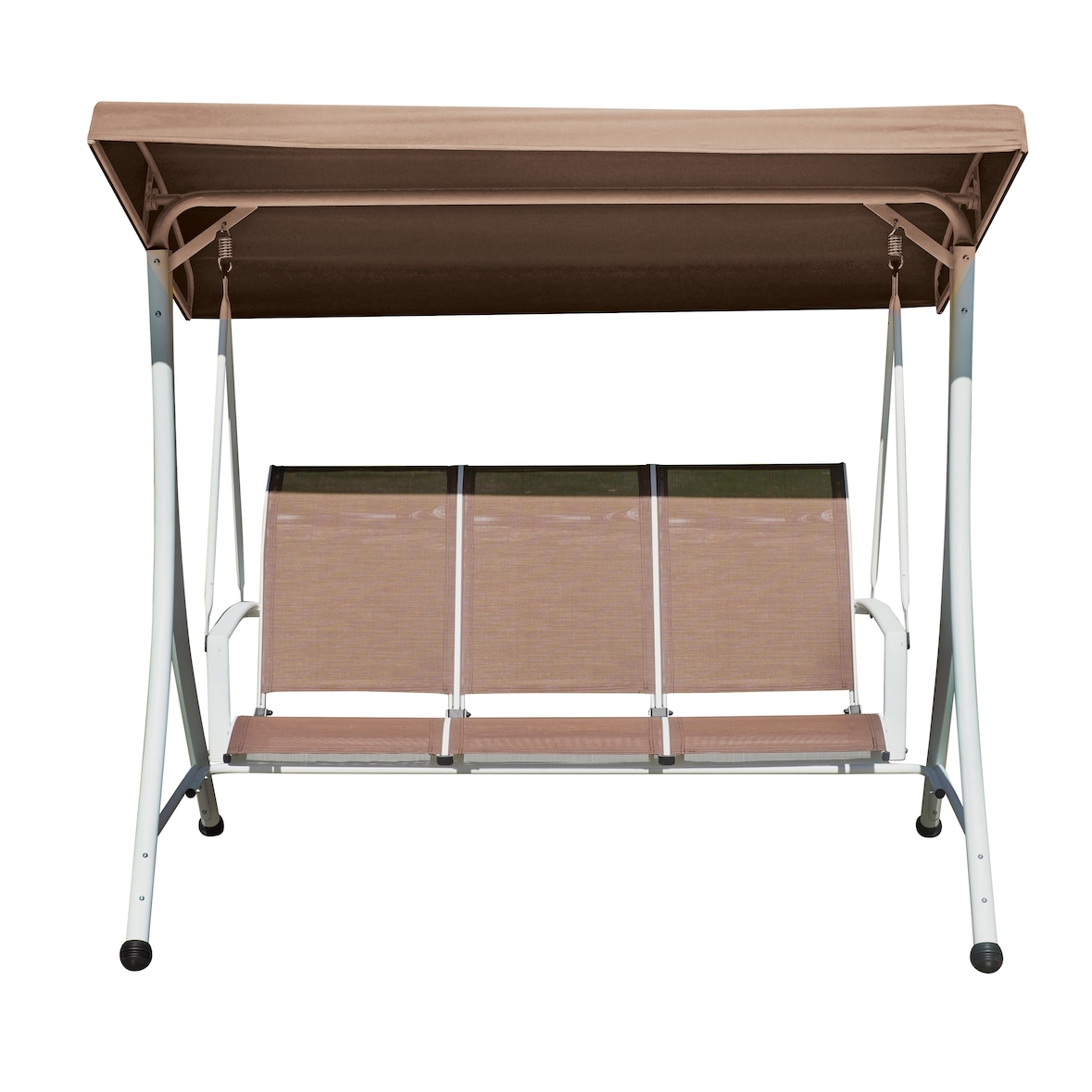 dondolo con tubo in ferro bianco,seduta in textilene e tettuccio tortora,misura 196x130x178 a tre posti