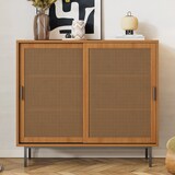 thumbnail of Sideboard Kommode Anrichte 100x37x90 vielseitiger Stauraum mit Rattan-Schiebetüren höhenverstellbaren Ablagen robustes Holzdesign Walnuss