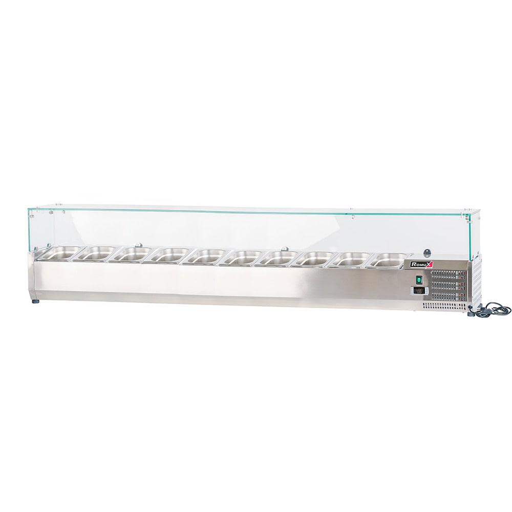 Romux® Kühlvitrinen für Tapas 200x33x44 cm aus Edelstahl und Glashaube mit 10 Becken GN 1/4 | Gekühlte Vitrine mit digitalem Dixell-Thermostat