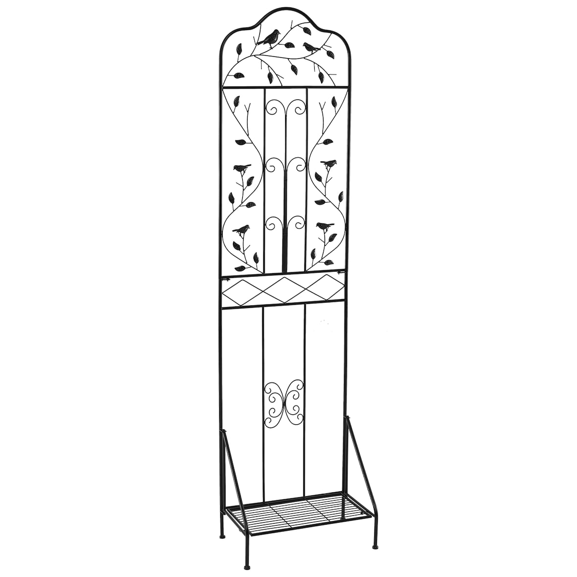 COSTWAY Treliça Metálica, Cerca Decorativa para Jardim 3 em 1, Prateleira para Flores e Suporte para Plantas (Preta, 1 Unidade)