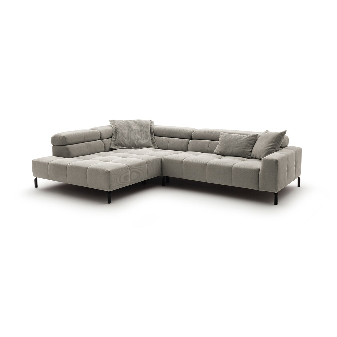 KAWOLA Sofa OHIO Ecksofa Feincord silber mit motorischem Sitzvorzug Recamiere links