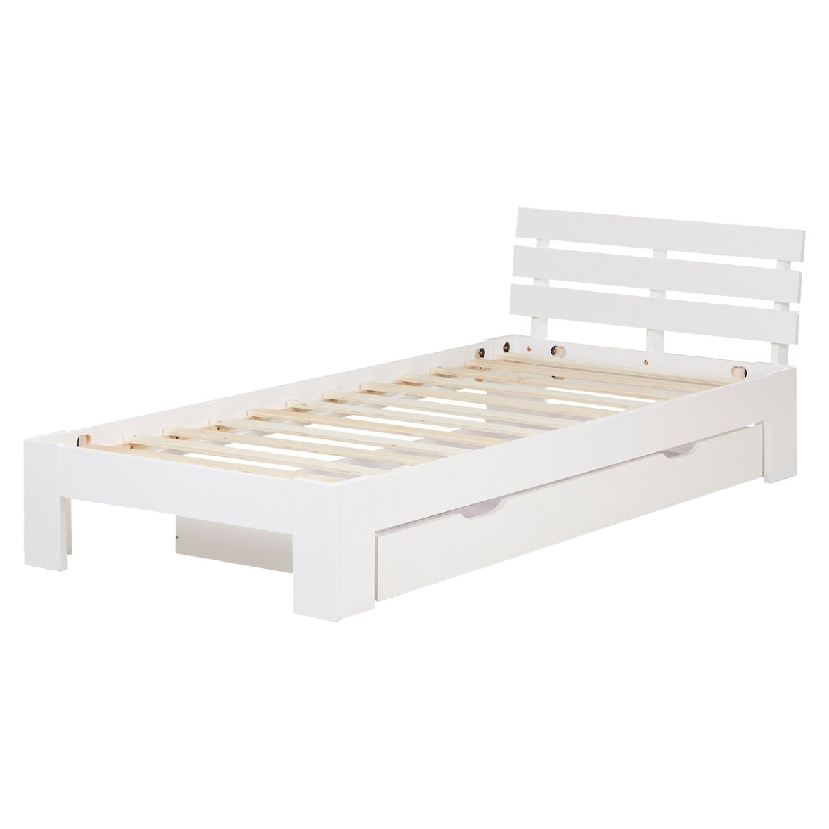 Décoshop26 - Letto singolo in legno di pino bianco 90x200 con rete a doghe e cassetto contenitore LIT06231