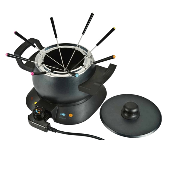 BOURGINI - Fondue Clasica Delux 8P. 1000W, Capacidad 1.5 L, Termostato regulable, Antiadherente, 8 Pinchos para 8 personas