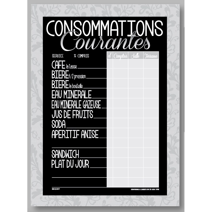 BEQUET Panneau mural pour affichage tarifs fil nylon 'DENTELLE' Consommations courantes, gris 36x49cm x1