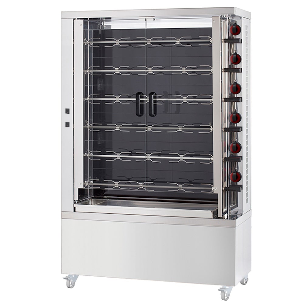 Vitrokeramik hähnchengrill 6 schwerter = 30/36 hühner - 1100x450x1760 mm - 25200 W 400/3V - 53304063 Eurast