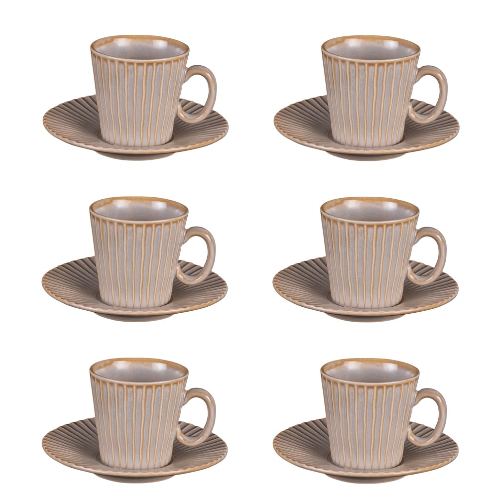 Coffret de 6 tasses à café avec sous tasses Liv -  9.00 cl Gris Rond Porcelaine Table Passion 9.00x7.00 cm