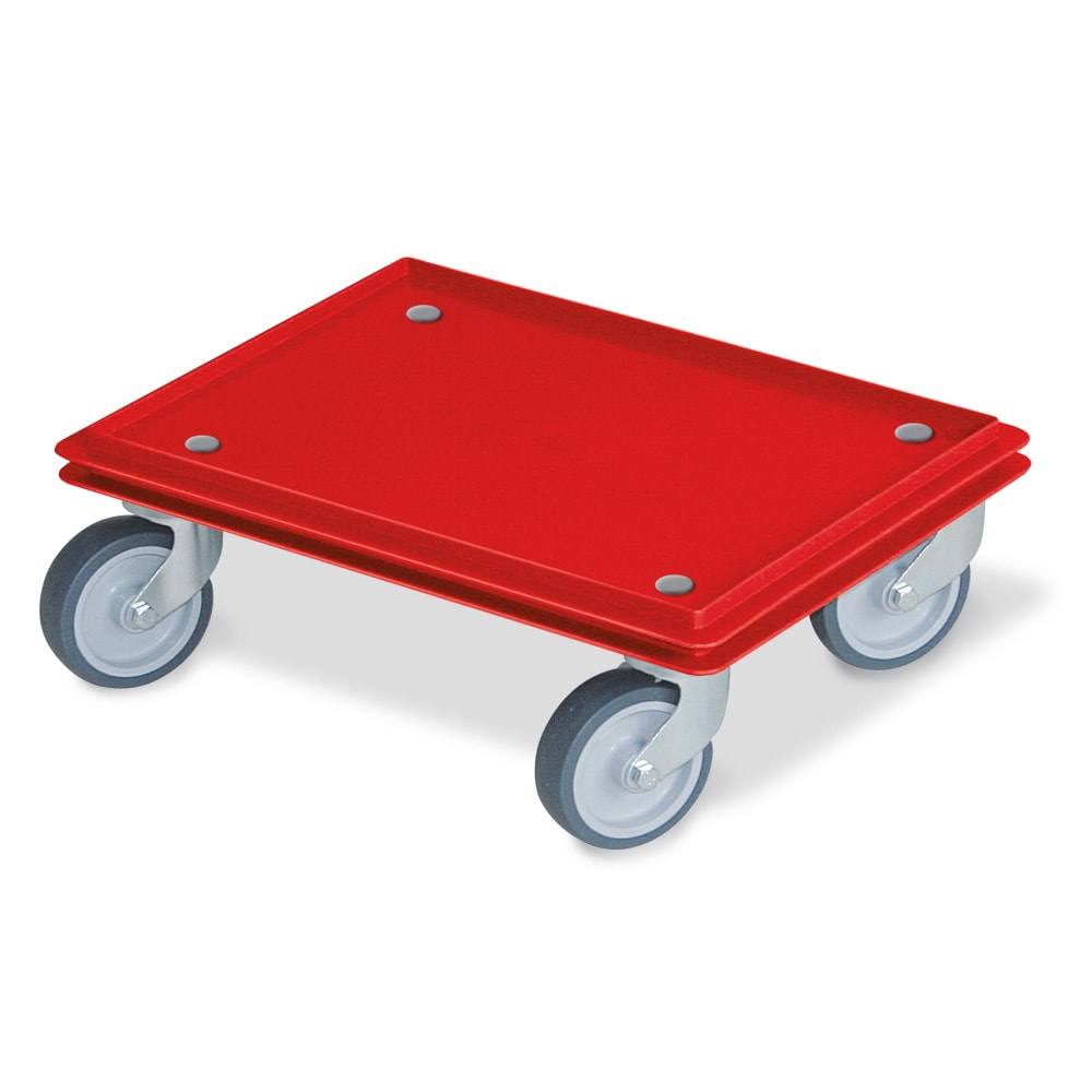 Transportroller/Kistenroller für Behälter 400 x 300 mm, rot, Tragkraft 100 kg, 4 Lenkrollen, graue Gummiräder