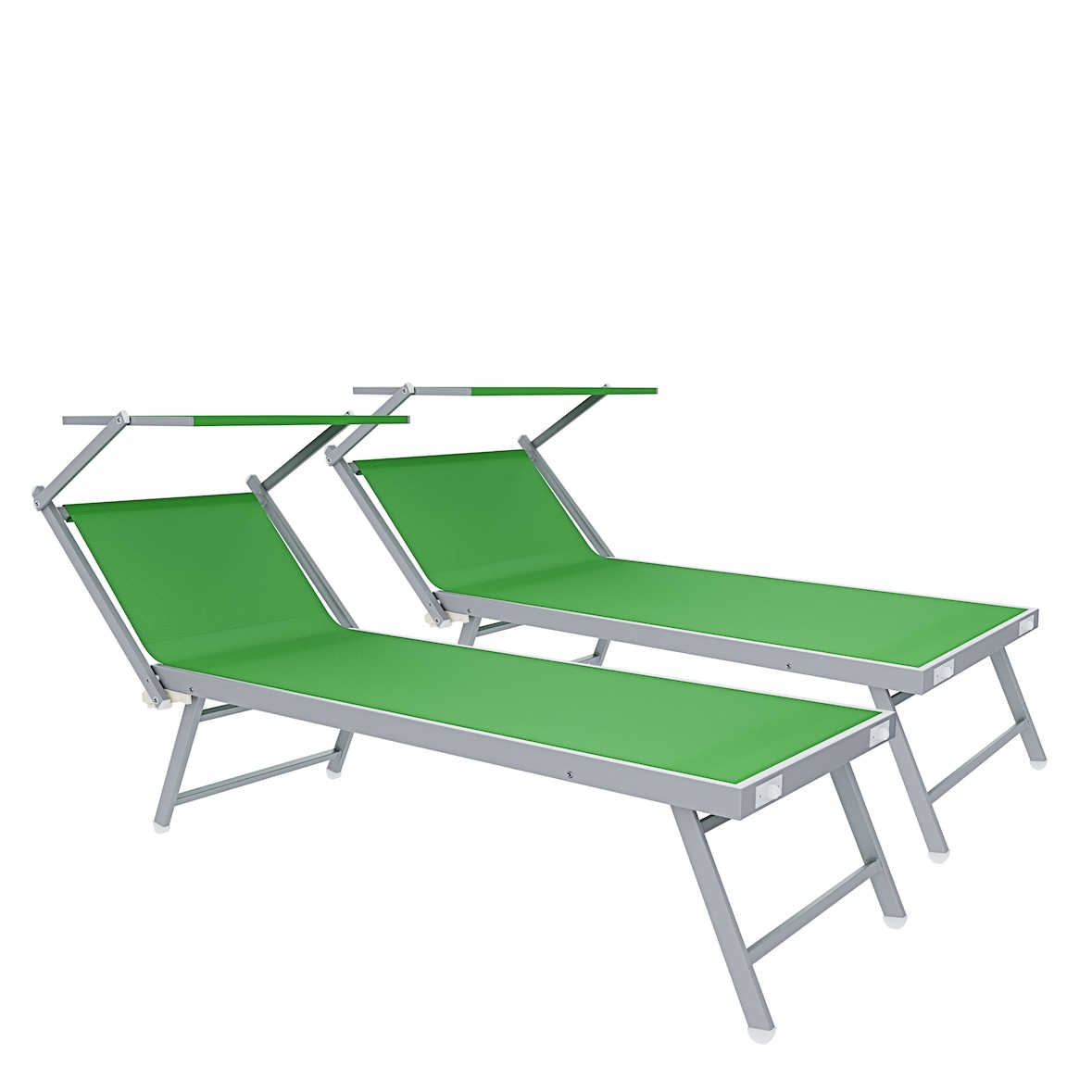 Coppia Di Lettini Prendisole Pieghevole Professionale in Alluminio e Tessuto Textilene Tettuccio Parasole Sdraio Mare Spiaggia 182x60x38 cm Verde
