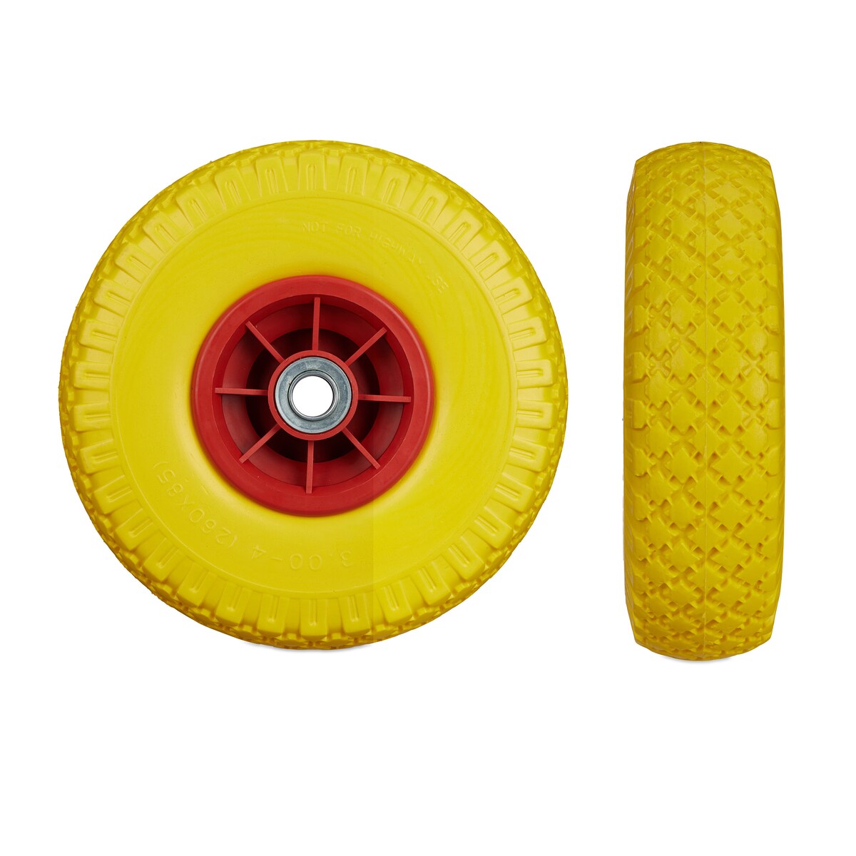 Relaxdays 2x Sackkarrenrad, pannensichere Vollgummireifen, 3.00-4 Zoll, 20mm Achse, bis 80 kg, 260 x 85 mm, gelb-rot