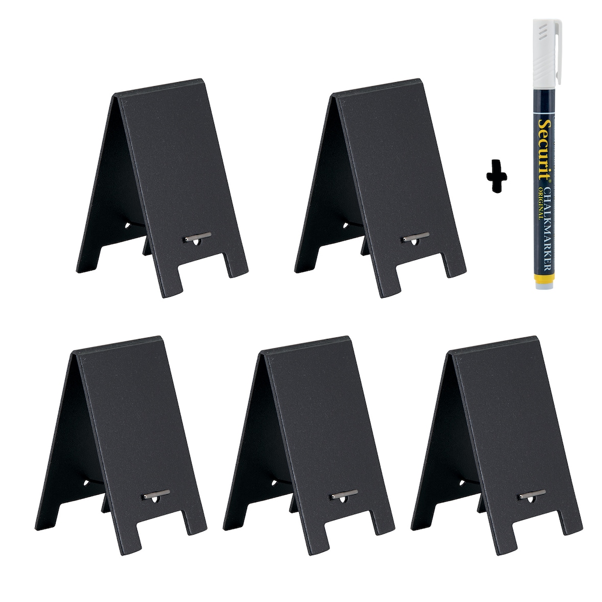 Securit® 5er-Set Mini-Tischtafeln auf Staffeleien - Schwarz - Kreidestift und elastische Kordel inklusive
