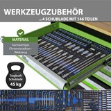 thumbnail of Werkstattwagen Profi Compact bestückt 85 x 68 x 46 cm Holzplatte 4 Schubladen Lochwand Ablage grün