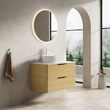 thumbnail of Badezimmer-Waschtisch 62×75×46 cm mit ovalem Keramikwaschbecken, Travertin-Sintersteinplatte, Eichenholz-Schrank mit 2 Schubladen, Beige