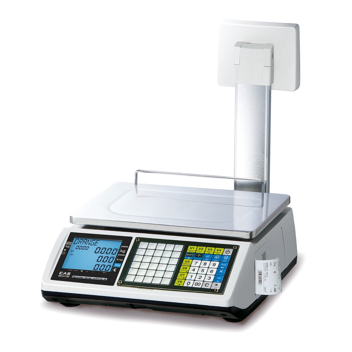 CAS CT100, balance poids-prix avec ticket avec colonne, conforme loi fiscale , portée 6/15kg, échelon 2/5g