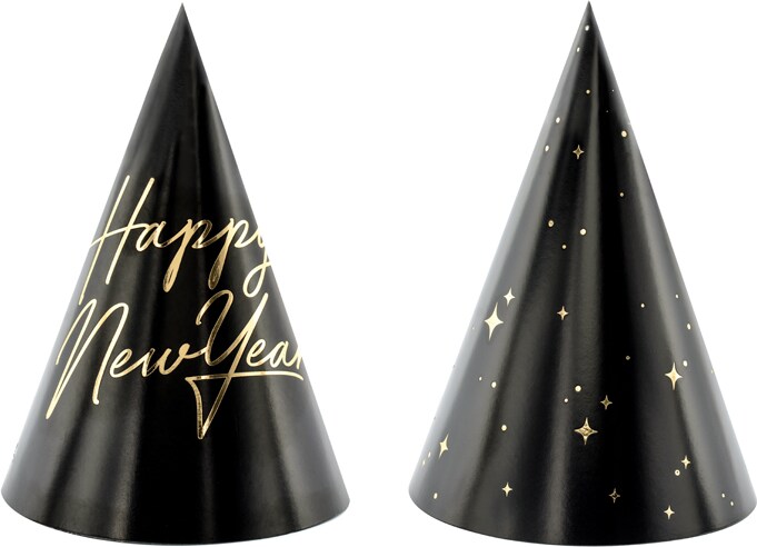 6 Hüte `Happy New Year` schwarz gold
