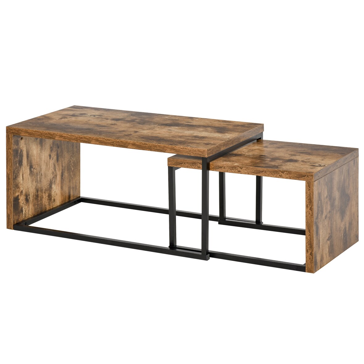 Juego 2 Mesas de Centro Mesitas de Café con Patas de Metal Estilo Industrial para Salón Comedor Sala de Estar 90x48x42 cm y 59x42x36 cm Marrón Rústico