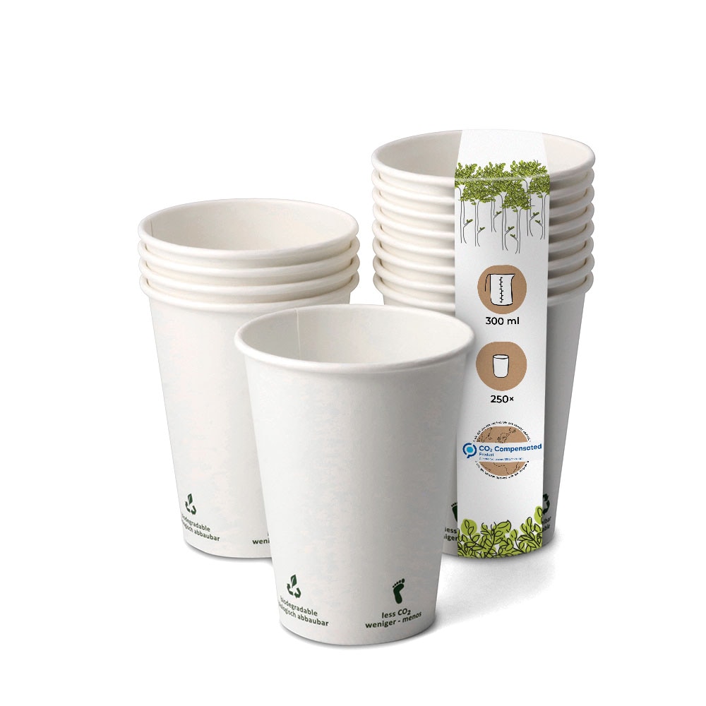 BIOZOYG 250 Stück Kaffeebecher 300ml / 12oz Einwegbecher Pappbecher weiß mit Bedruckung, kompostierbar nachhaltig Partybecher Trinkbecher Biobecher