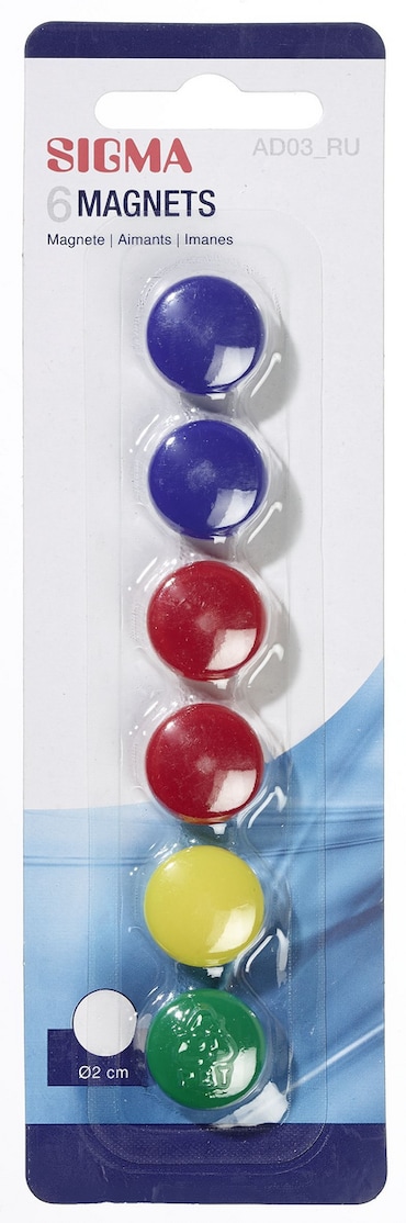 SIGMA Magneti, plastica, Ø 2 cm, colori assortiti, 6 unità