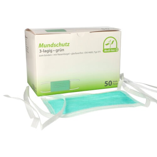 50 Medi-Inn® Mundschutz Type IIR, 3-lagig 9 cm x 17,5 cm grün mit Nasenbügel, zum Binden