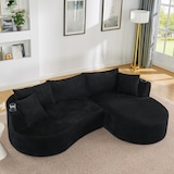 thumbnail of 3-Sitzer Sofa Kord Schwarz 76x264x168 cm mit rechter Chaiselongue, bogenförmiges Design, vakuumverpackt, mit Getränkehaltern und Kissen