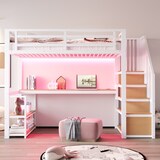 thumbnail of Metall-Hochbett mit Tisch und Regalen, Weiß, 90x200 cm, Sicherheitszaun, MDF + Metall