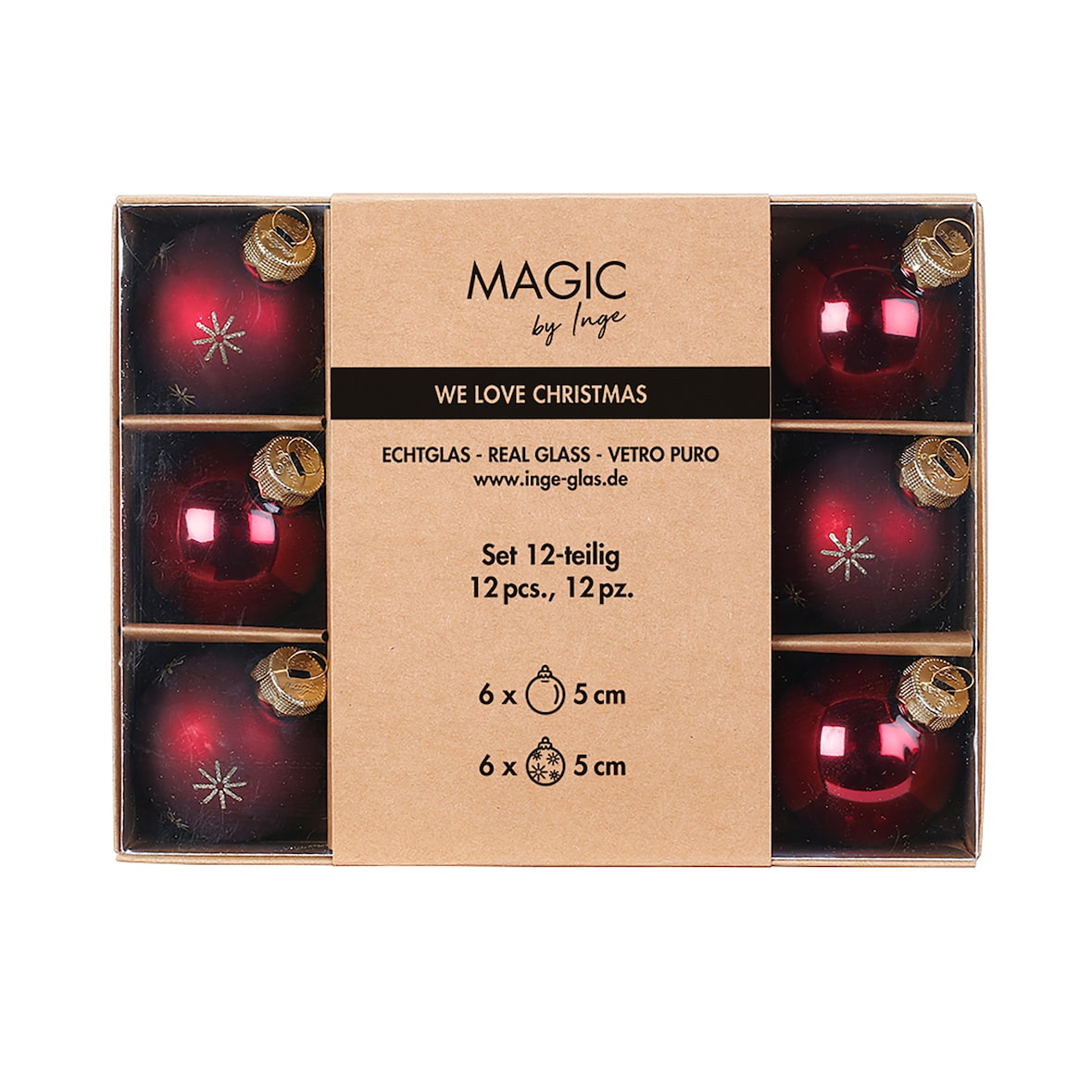 12 Weihnachtskugeln Glas 5cm Glitzer Schneeflocken Motiv Christbaumkugeln Weihnachtsbaumkugeln Christbaumschmuck Weihnachtsbaumschmuck Dunkel Weinrot