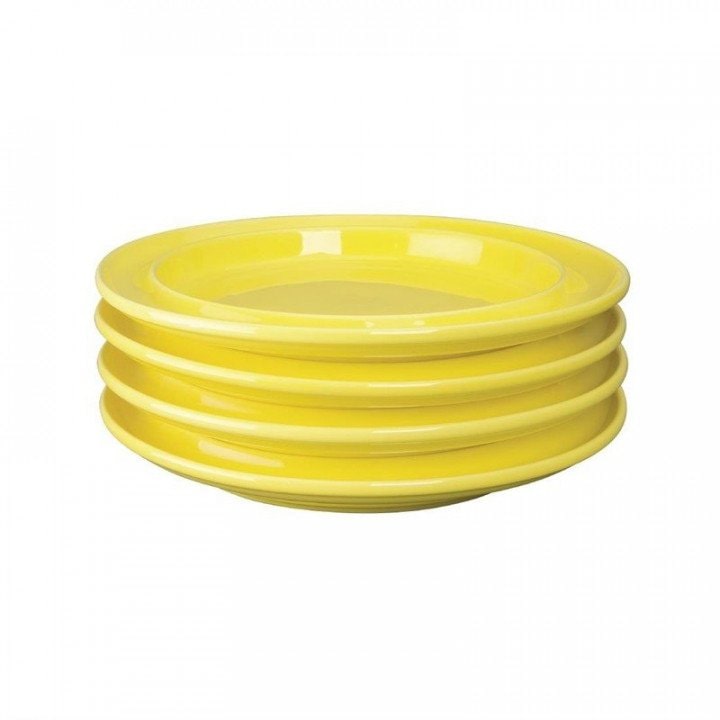 Lot de 4 assiettes rondes à bord surélevé, en porcelaine jaune