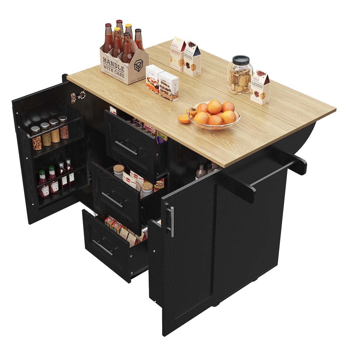 Kücheninsel Küchenwagen 135x74x87 cm mit klappbarer Tischplatte, 5 feststellbaren Rollen, 3 Schubladen, Türregal, Handtuchhalter, Schwarz