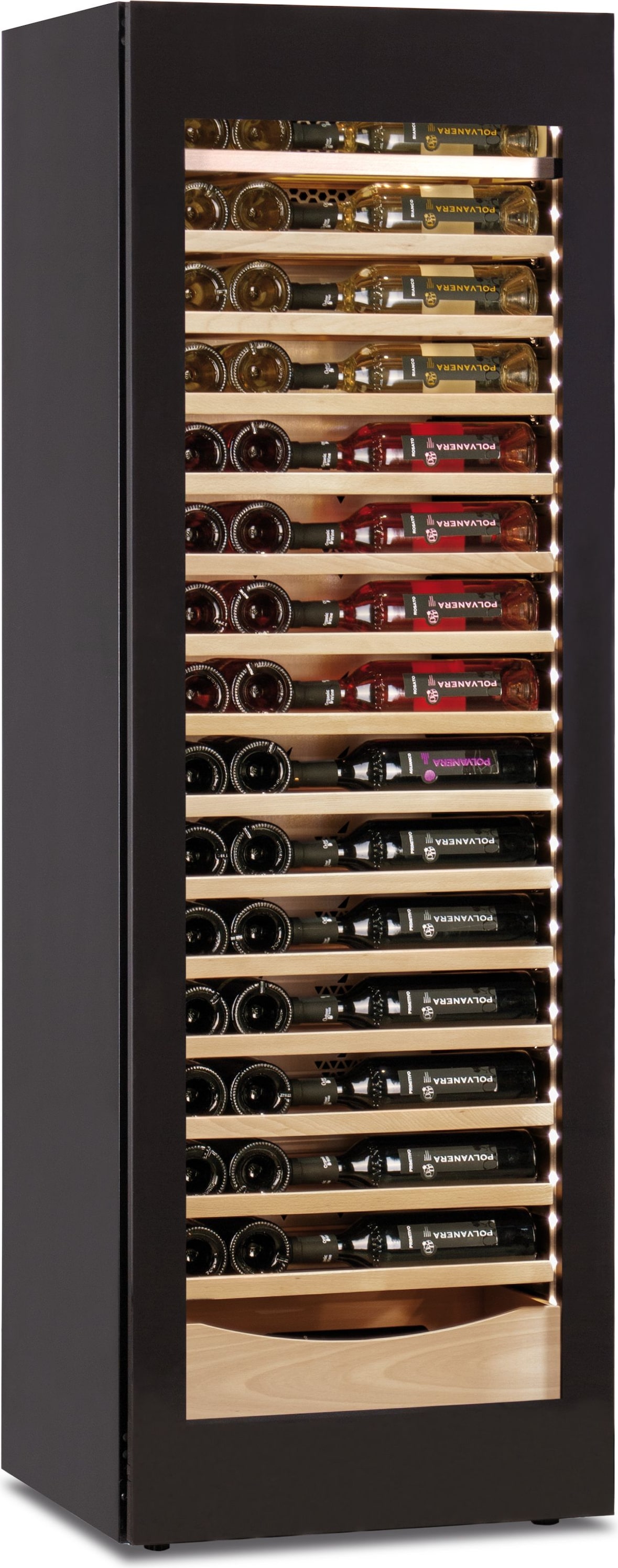 KLIMAITALIA Weinkühlschrank mit unendlicher Glastür. Holzregale und untere Schublade. LED-Beleuchtung. Digitales Thermometer. Modell DW1701T