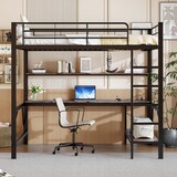 thumbnail of Hochbett 140x200 mit Geländer, Trittleiter, Schreibtisch, Regalen, LED-Beleuchtung, USB und Steckdose, Metallrahmen, funktionales Loftbett Schwarz