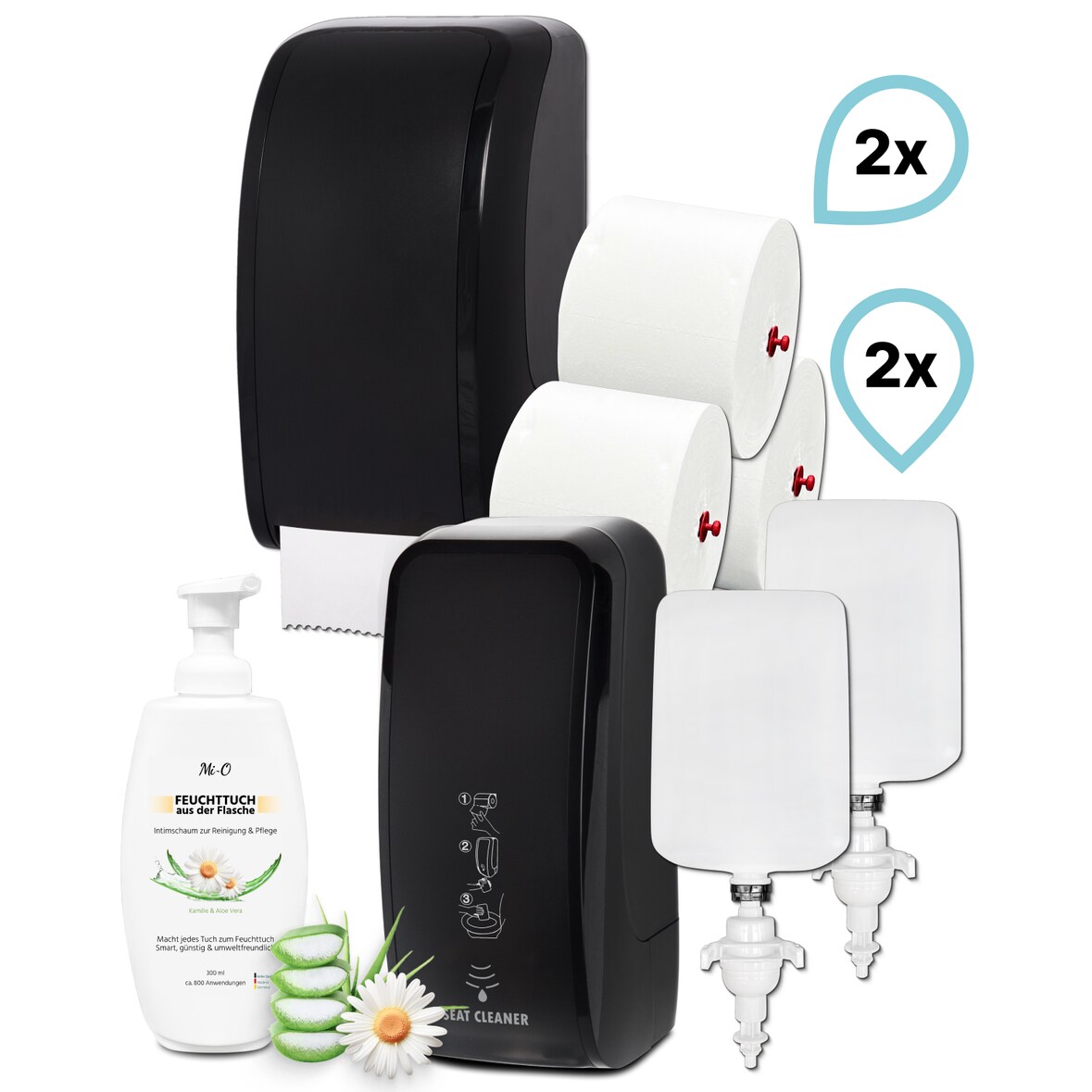 KOMPLETT-SET Toilettenkabine: Toilettenpapierspender + SENSOR Sitzreinigung + Reinigungsschaum + Füllmittel