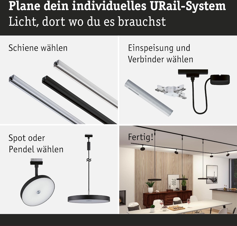 Schienen, Einspeisungen, Spots und Pendel für ein URail-System.