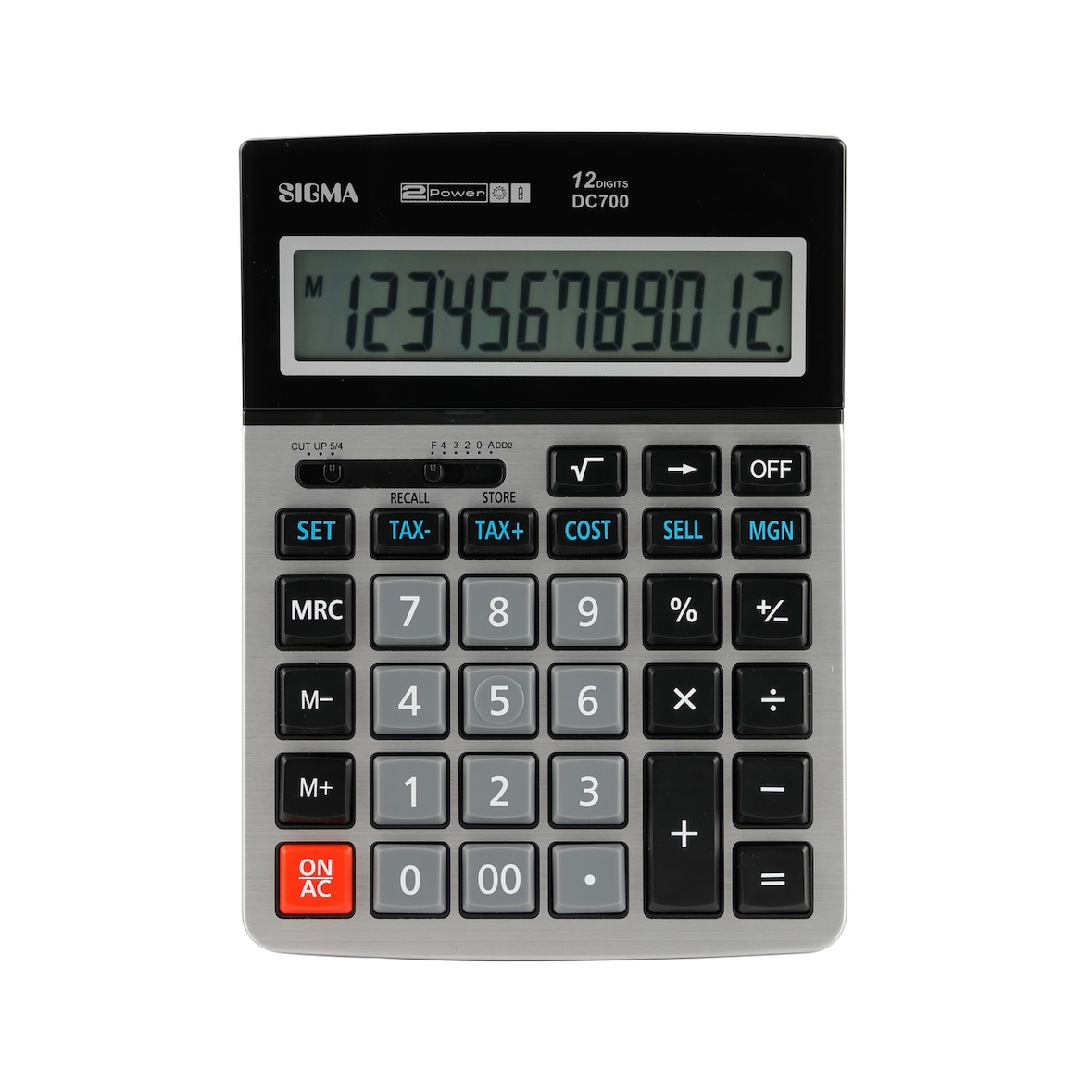 SIGMA Calculatrice de bureau DC700, métal / plastique, 15.4 x 20.9 x 4.1 cm, écran à 12 chiffres, argentée