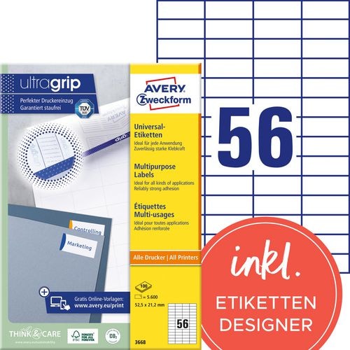 Etiquetas universales, A4 con ultragrip, 52,5 x 21,2 mm, 100 hojas/5.600 etiquetas, blancas.